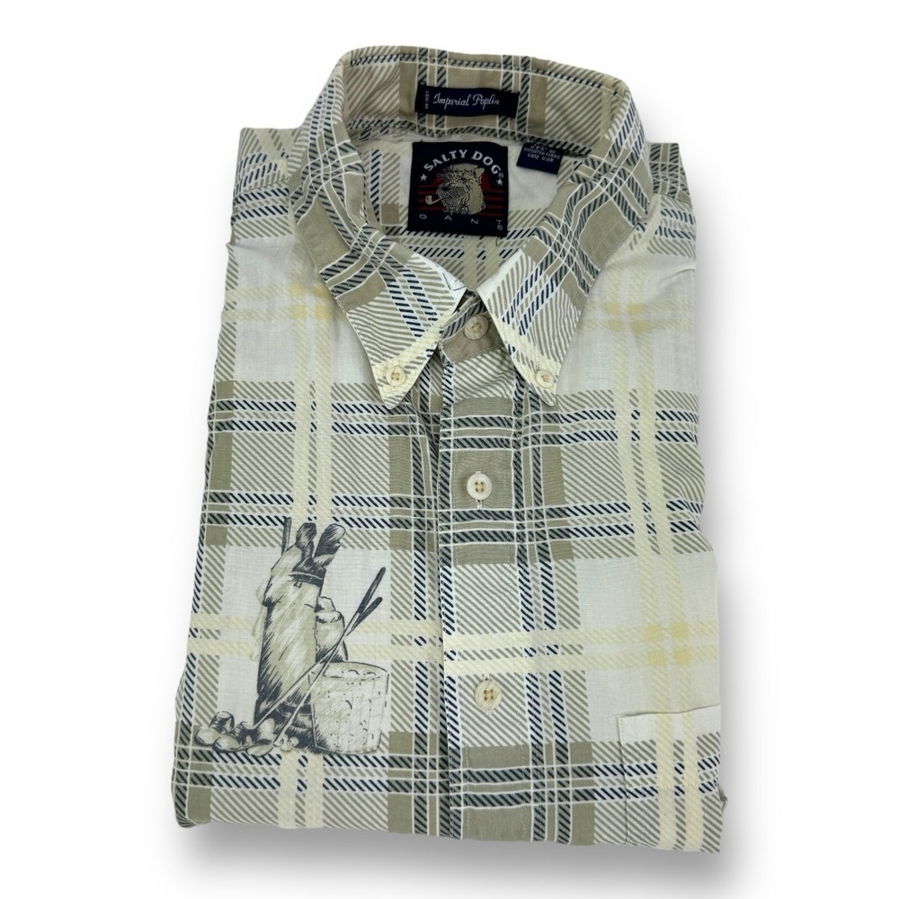 Salty Dog Gant Imperial Poplin White w/ Green Blue Check Golf Button Up Mens XL